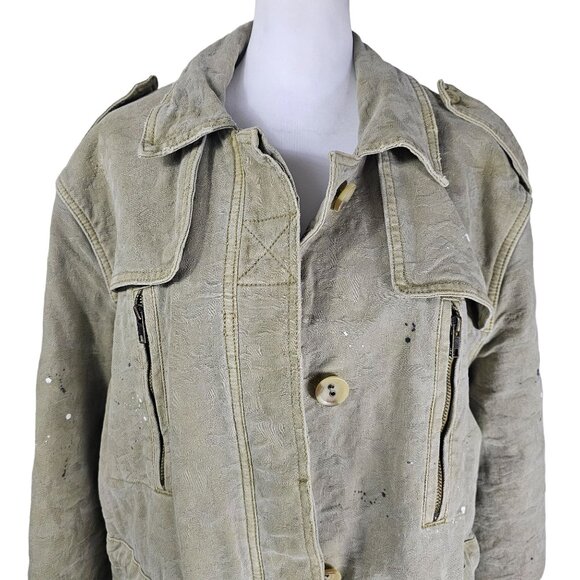 Free People Paint Splatter Military Jacket M Khaki Utility Safari Canvas Grunge - Picture 5 of 14